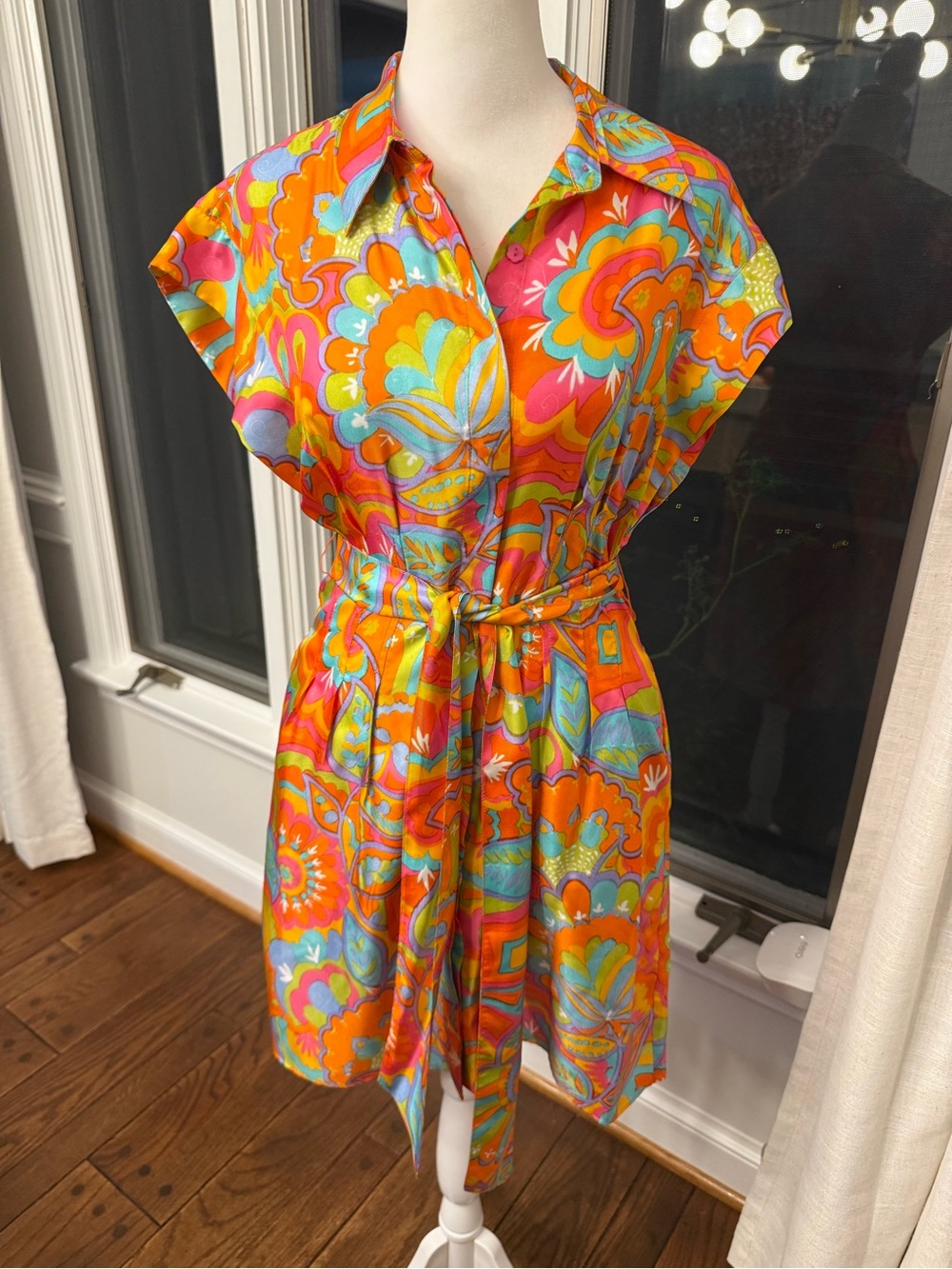Flora Bea Groovy Vibrant Orange Floral Short-Sleeve Shirt Dress